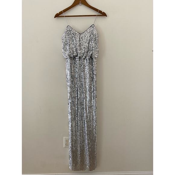 Aidan by Aidan Mattox Silver Sequin Dress Maxi Formal Gown EUC 0 V Neck - Picture 1 of 9